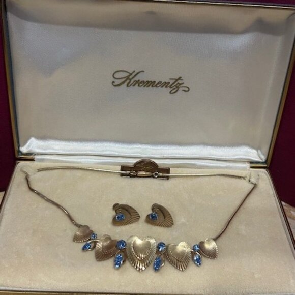KREMENTZ 14K Rolled Gold Overlay Heart Blue Rhinestone Necklace Earrings SET - Picture 4 of 13